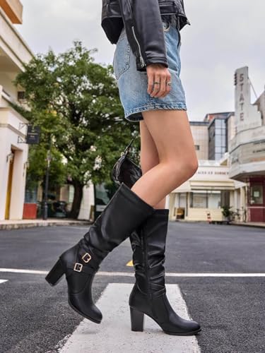 Ermonn Womens Slouchy Knee High Boots Stacked Mid Heel Ankle Strap Metal Buckle Side-Zip Shoes thumb #4