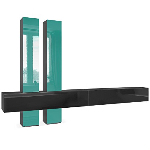 Vladon Wohnwand Anbauwand Moja Korpus In Schwarz Matt Fronten In Schwarz Hochglanz Und Petrol Hochglanz