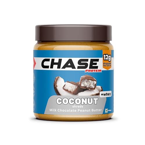 Image of Chase High Protein Peanut Butter Creamy 400g | With Isolate Whey & 120g Protein in Jar | 12g Per Serve | Milk Chocolate Coconut Flavour with Coconut Shreds | Nut Butter for Breakfast, Fitness & Gym
