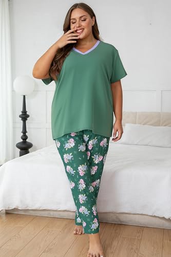 Image of Vozanet Women's Pajama Sets Short Sleeve with Long Pant Soft Sleepwear Printed pj Loungewear With TWO Pockets Size 1X to 5X