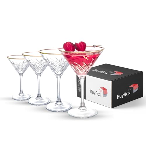 Lot de 4 Verres à Martini Vintage à Bords Dorés (7,7 oz/230 ml). Verres à Cocktail, Verres à Expresso Martini, Verres à Margarita, Verres à Prosecco, Coupe Champagne, Verres à Champagne à Longue Pied