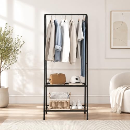 Image of LEOPAX Heavy Duty Metal Clothes Rack with 2 Shelves, Garment Hanging Rail & Coat Stand for Clothes, Shoes, Bags Storage, Freestanding Wardrobe Organizer for Bedroom, Entryway & Laundry Room - Black