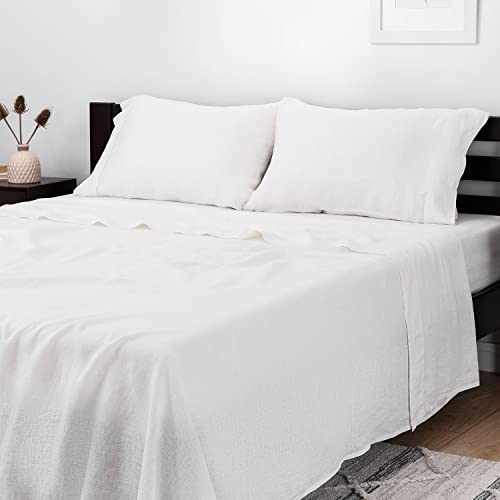 Mellanni 100% Linen Queen Bed Sheets - White Linen Sheet Set Queen Size - Includes Flat Sheet, Fitted Deep Pocket Sheets And 2 Pillowcases - Fits Up To 16" Mattress (Queen, White) #TOP23