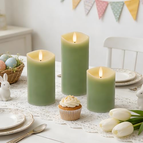 Image of Pastel Green LED Real Wax Made Flameless Battery-Operated Pillar Candles