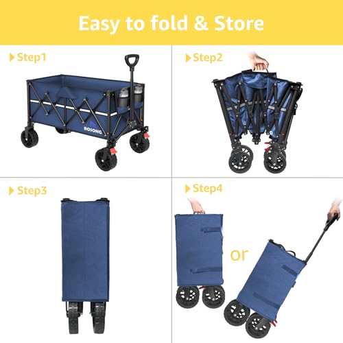 Image of ROSONG Collapsible Wagon Cart with Wheels Foldable - Folding Utility Heavy Duty Wagons Carts for Grocery Sports Garden Shopping Camping Wheelbarrows (Navy Blue, 150L)