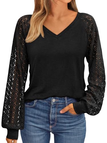 AUTOMET Womens Long Sleeve Shirts V-Neck Lace Tops Business Casual Blouses Tee Trendy 2025 Fall Fashion Outfits Clothes Black XL