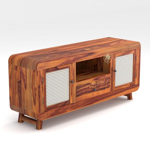 Image of Siddhivinayak Sheesham Wood TV Unit for Living Room | Solid Wooden TV Stand Cabinet with Storage Drawer, Cane Doors & Shelf | Entertainment Media Console Table | Honey Finish | 56.7 Inch