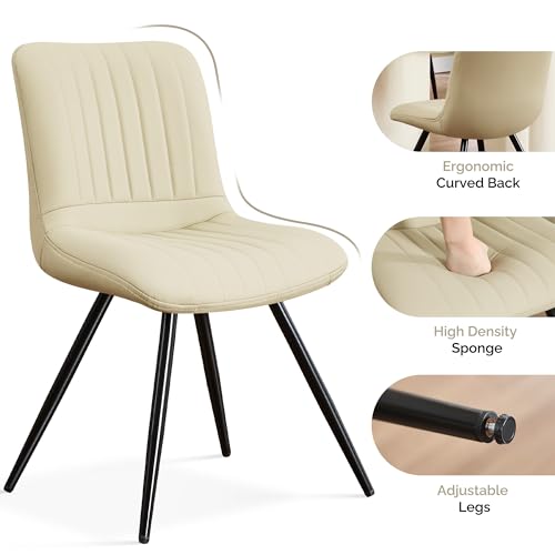 Image of Dining Chairs Set of 6, Modern Dining Chairs with Thick Cushions, PU Leather Upholstered Kitchen Dining Room Chairs with Metal Legs for Dining Living Room (Khaki)