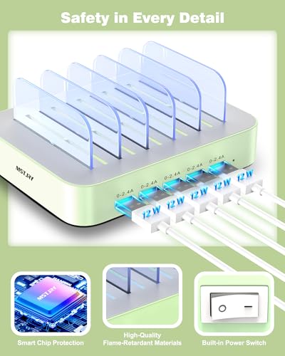 Image of MSTJRY Charging Station for Multiple Devices : 5 Port Multi USB-A Charger Stations Multi-Device Organizer Charging Dock Designed for iPhone iPad Cell Phone Tablets (7 Short Cables Included), Cyan