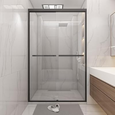 Bathlink Shower Door 44-48" W * 72" H, Matte Black Double Sliding Shower Door with 1/4"(6mm) Tempered Glass, Shower Glass Door Easy to Clean