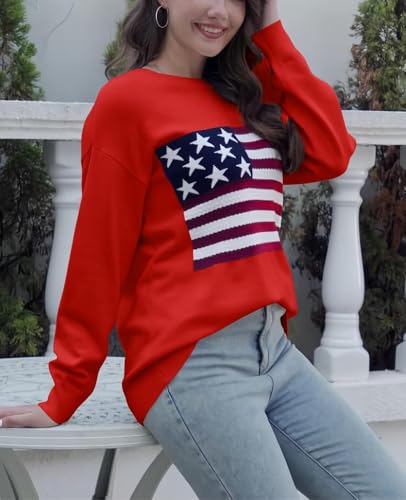 Image of Dressmine Womens American Flag Knit Sweater Crew Neck Long Sleeve Pullover