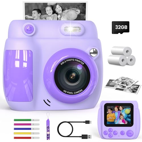 Gofunly Sofortbildkamera Kinder, 2.4 Zoll Bildschirm Kinderkamera Sofortbildkamera mit 32GB Karte & Druckpapier, Kamera Kinder Sofortdruck HD 1080P, Camera mit Fotos Drucken Geschenk für 3-12 Jahre