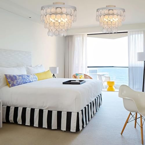 Topaluce Modern Capiz Shell Chandelier Boho Coastal Silver Flush Mount Ceiling Light Fixture for Kids Bedroom,Dressing Room,Entryway,Kitchen Dining Room - Image 4