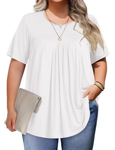 IN'VOLAND Womens Plus Size Tops Tunic Short Sleeve Crew Neck Shirts Casual Soft Blouse 2026 A-White
