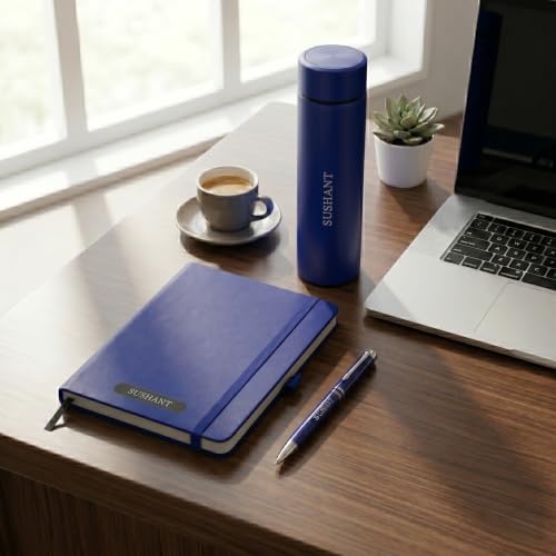 Image of Personalized Diary Gift Set with Bottle & Pen Blue | 3-in-1 | Custom name notebook, steel bottle and pen combo for employees, corporate gifting, office, men and women.