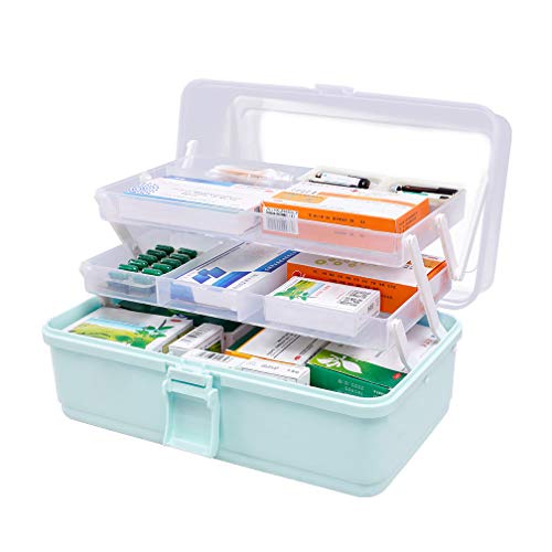 Hershii Plastic Medical Storage Containers Medicine Box Organizer Home Emergencies First Aid Kit Pill Case 3-Tier with Compartments and Handle (Small, Blue)