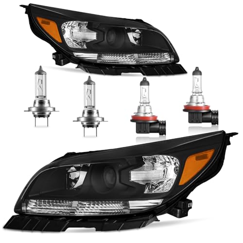 KarSpareHub Headlights Assembly W/Bulbs for 2013 2014 2015 Chevy Malibu Halogen Headlamp Replacement Driver & Passenger Side Black Housing