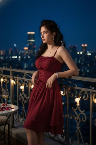 Image of Scarlet Darkness Corset Mini Sundress Chiffon Homecoming Dress for Women | Slim Straps, Ruched Neckline, Lace-Up Front, Layered A-Line, for Graduation Cocktail Party, Fairy Costume with Pockets