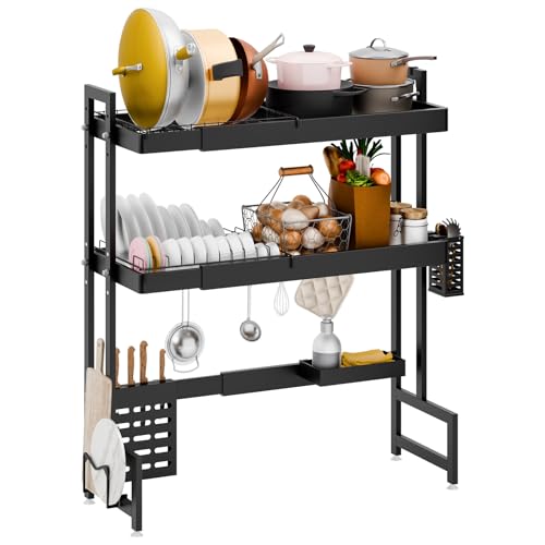 Chiusuet Égouttoir à vaisselle au-dessus de l'évier, 3 niveaux en acier inoxydable, longueur réglable (64,1 à 100,1 cm), égouttoir d'évier de cuisine pour comptoir (noir)