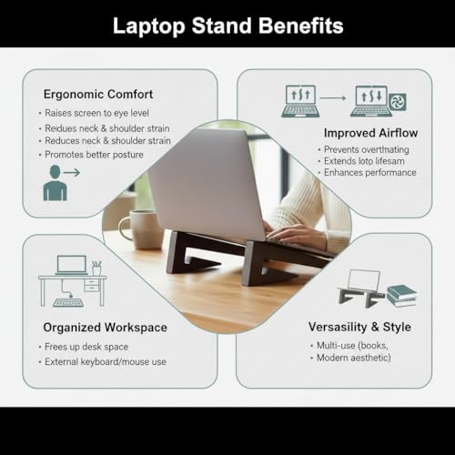 Image of Foldable, Adjustable, Wooden, Laptop Stand Ergonomic, Portable Tabletop Laptop /Desktop Riser Stand that Works with MacBooks, HP, Dell, Lenovo, and All Other notebooks Dark Walnut