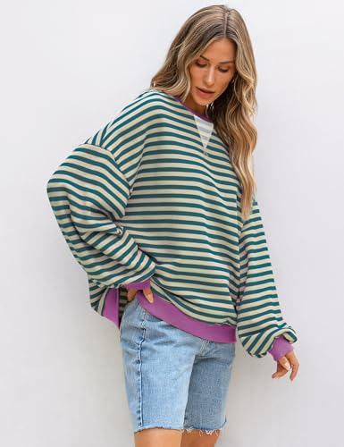 Image of UEU Women Oversized Striped Crewneck Sweatshirt Long Sleeve Color Block Pullover Tops Casual Loose Workout Shirt