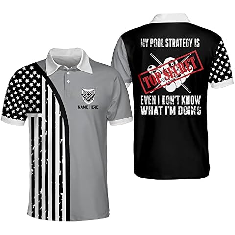 LASFOUR Personalized Funny American Flag My Pool Strategy is Top Secret Even I Don't Know What I'm Doing Billiard Polo Short Sleeve Shirts, Funny Billiards Gifts for Men, Dad, Father, Grandpa Cover