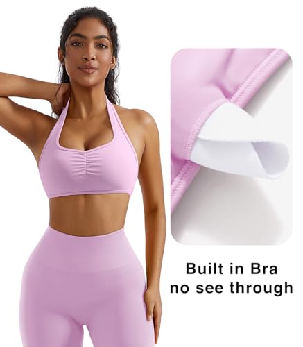 Image of OMKAGI Halter Sports Bras for Women Open Back Workout Bras Padded Yoga Bra Gym Tops