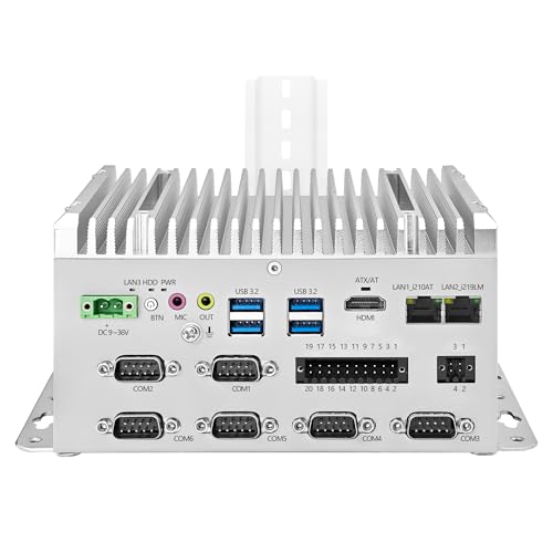 CWWKIPC Mini PC sin Ventilador, Ordenador Industrial i5 8265U, 6 x COM RS232/RS485/RS422, PC embebido en Rail DIN, 2 x LAN Gigabit, 32GB RAM 512GB NVMe SSD, GPIO, SIM, 9-36V