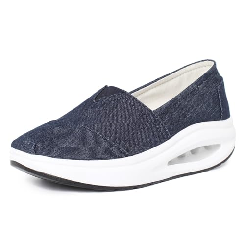 Women's Floral Embroidery Lace Mesh Air Cushion Sneakers,Comfortable Orthopedic Diabetic Walking Toning Shoes Breathable Slip On Platform Loafers