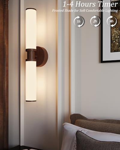 Image of Rayogale Walnut Wireless Battery Operated Wall Sconces with Remote Control | White Glass Rechargeable Wall Lights Set of 2 with Timer Function Dimmable for Living Room Bedroom Emergency 3000K, 20.5 Inch