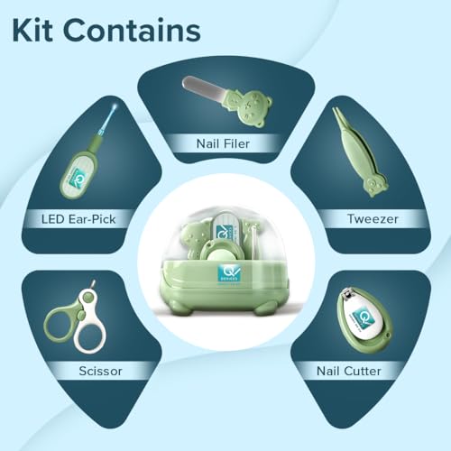 Image of Q DEVICES 5-in-1 Baby Grooming Kit - Safe & Gentle Newborn Nail Clipper, Scissors, Tweezer, Filer & Earwax Remover - Compact Travel-Friendly Health Care Set for Infants & Toddlers - Green