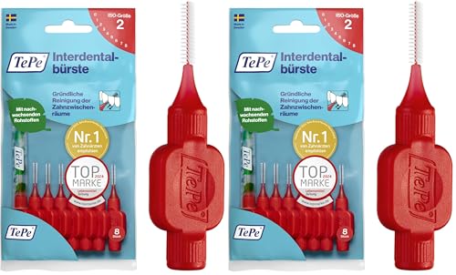 TePe Interdentalbürste Rot ISO-Größe 2 (0,5 mm) / Für eine einfache und gründliche Reinigung der Zahnzwischenräume / 1 x 8 Interdentalbürsten (Packung mit 2)