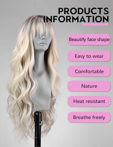 WOKESTAR Long Wavy Platinum Blonde with Dark Roots Wigs for Women Heat Resistant Natural Hair with Fringe - Image 2