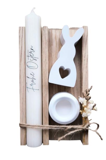 Frohe Ostern - Geschenkset - Kerze Stabkerze - Osterhase - mit Kerzenständer - in Holzbox Holzverpackung - Geschenk - Deko