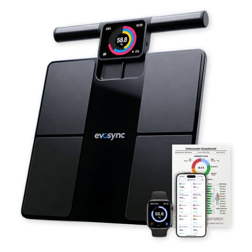 Evosync Körperanalyse-Waage Smart Körperfettwaage mit 58 Gesundheitsmetriken 8-Elektroden-Technologie hochpräzise Messung kostenlose App ohne Abo Multi-User Bluetooth & Reportfunktion