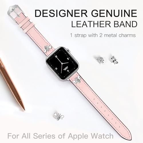 Image of JR.DM Slim Leather Bands Compatible with Apple Watch Band 38mm 40mm 41mm 42mm 44mm 45mm 46mm 49mm, Genuine Leather Band with Charms, Feminine Design for Iwatch Ultra SE Series 11 10 9 8 7 6 5 4 3 2 1