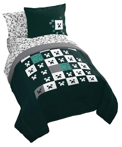 Jay Franco Minecraft Creeper Twin Comforter Set - 5 Piece Gamer Bedding Includes Sheet Set & Pillow Covers - Super Soft Checkered Bedding