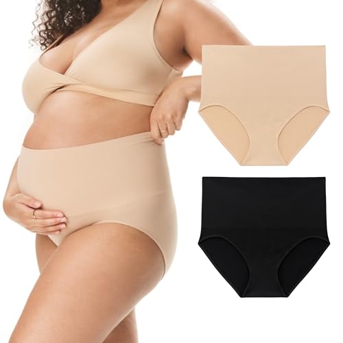 Motherhood Maternity Womens Seamless Postpartum Shaper Panty, Belly Support Underwear, 2-Packk, Core Black/Essential Nude, Medium