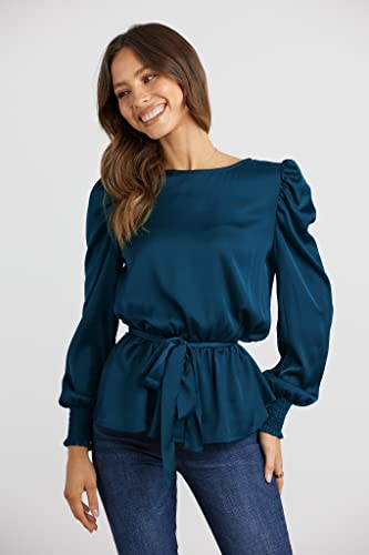 Prettygarden Women's Fashion Puff Long Sleeve Blouses Satin Tie Waist Peplum Work Blouse Dressy Casual Tops Dark Blue Medium #TOP1