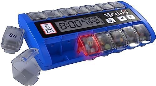 MedQ デイリーピルボックスリマインダー 点滅ライトとビープアラーム付き 無料のピルキーホルダー付き (ブルー)