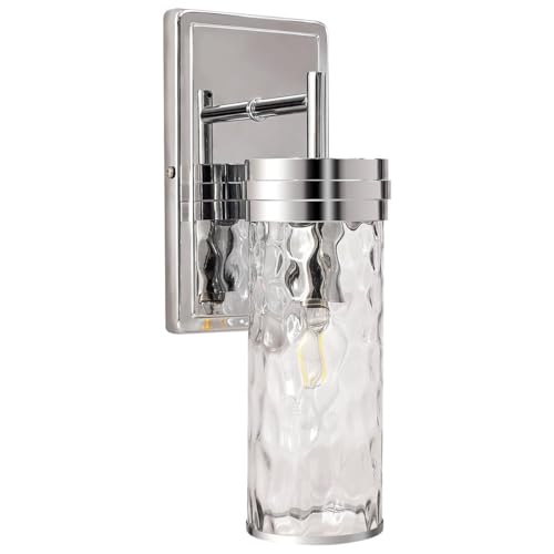 Image of ANDY STAR 1-Light Bathroom Wall Sconce, Polished Chrome Hammered Glass Vanity Light, Water Ripple Side Light Fixtures with Clear Glass Shade, E12 Base, Wall Lamp for Bedroom, Hallway