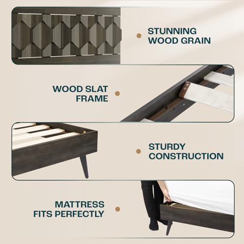 Image of Bme Georgina Signature Mocha Bed Frame, Queen Bed Frame and Headboard Handcrafted Geometric, Mid Century Modern, Solid Acacia Wood, No Box Spring Needed, 12 Strong Wood Slats Support, Easy Assembly
