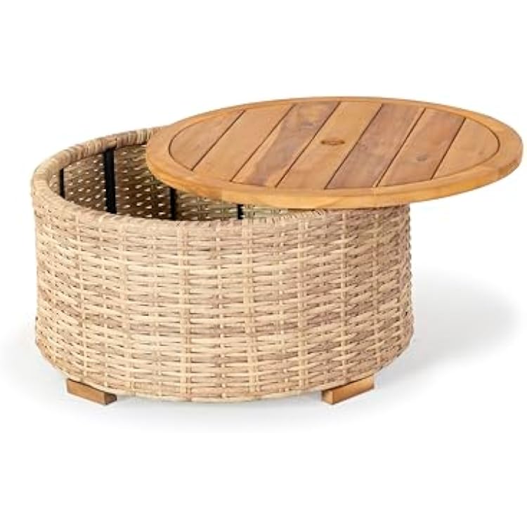 SAFAVIEH Couture Outdoor - Anguilla Round Wicker Coffee Table - Solid Wood and Aluminum - Coastal Woven Design - Ideal for Patio, Deck, Porch, Backyard, 25.6W x 25.6D x 13.8H (CPT2103A)