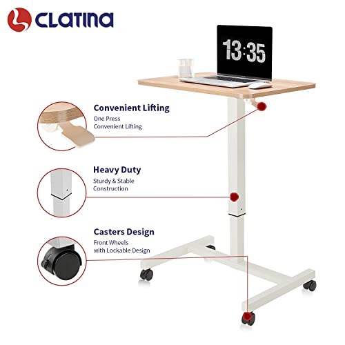Clatina Mobile Laptop Desk Pneumatic Sit To Stand Table Height Adjustable Rolling Cart With Lockable Wheels For Home Office Computer Workstation 28" X 19" Beige Round Edge Design Elegant #TOP3