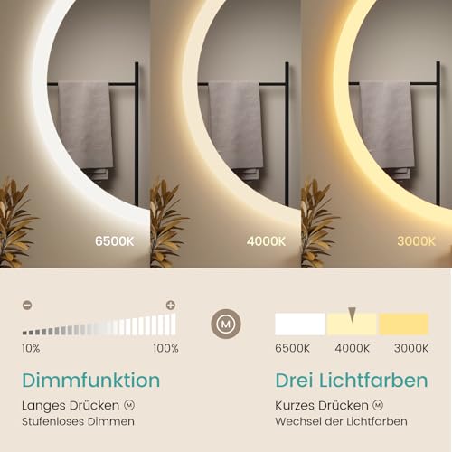 EMKE Badspiegel mit Beleuchtung Rund 50cm, Badezimmerspiegel mit dimmbarer Beleuchtung, 3 Lichtfarben, Antibeschlag, Touch-Schalter und Speicherfunktion, ideal für das Badezimmer 2