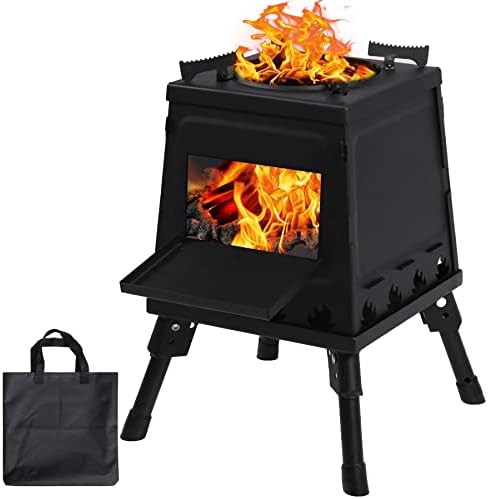 Lineslife Wood Burning Camp Stove, Folding Cast Iron Camping Wood Stove with Carrying Case Portable for Backpacking Outdoor Cooking BBQ, Black, Large