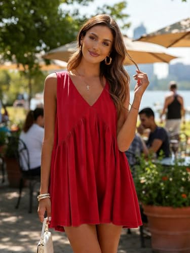 Image of Womens Babydoll Dress Summer Sleeveless Mini Dress Casual Loose V Neck Swing Flowy Beach Sundresses with Pockets
