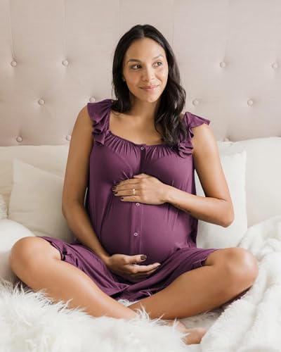 Image of Kindred Bravely Ruffle Strap Labor and Delivery Gown for Birthing & Nursing | Soft maternity hospital gown with velcro for monitoring, epidural, skin-to-skin contact, breastfeeding nightgown with pockets