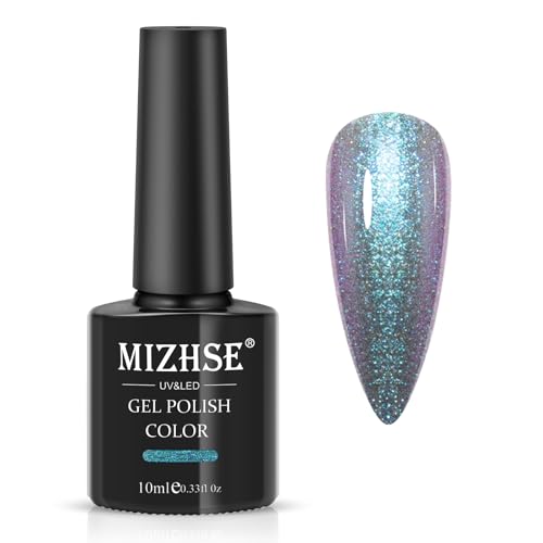MIZHSE UV Nagellack Glänzend Blau/Türkis mit Thread Shell Glitzer Nagellack mit Thread Shell Effekt Nagle Gel, Glitzer 9D Nagelack Magnet Soak Off Nagelack mit 1 Magnet Geeignet für Nagelstudios 10ml