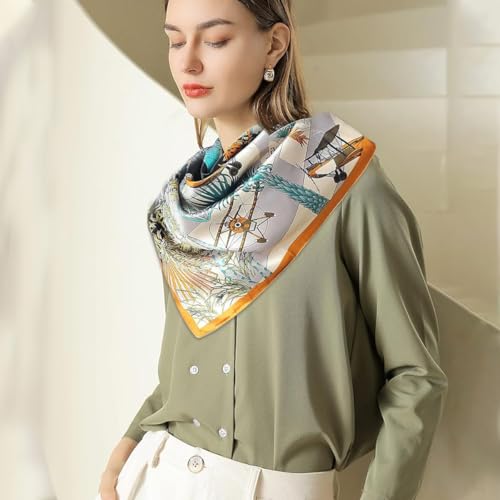 Image of SANNIDHI Hair Head Scarf for Women Satin Silk Like Neckerchief Fashion Print Square 35in Bandana Handbag Decor
